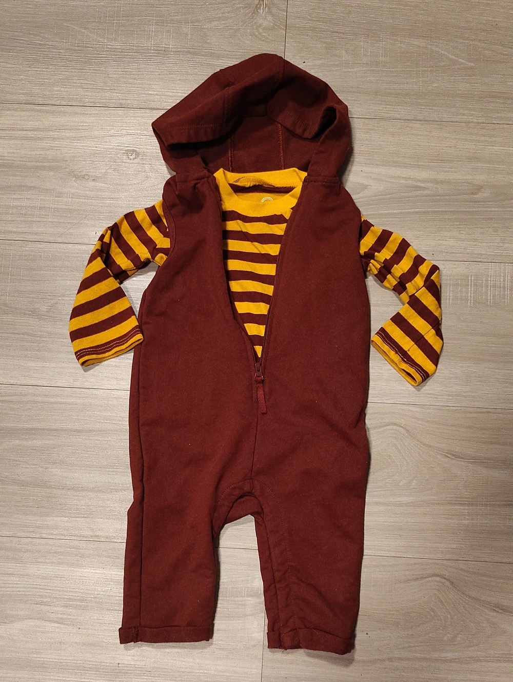 wonder nation Burgundy Hooded One-Piece with Yellow & Burgundy Striped Bodysuit